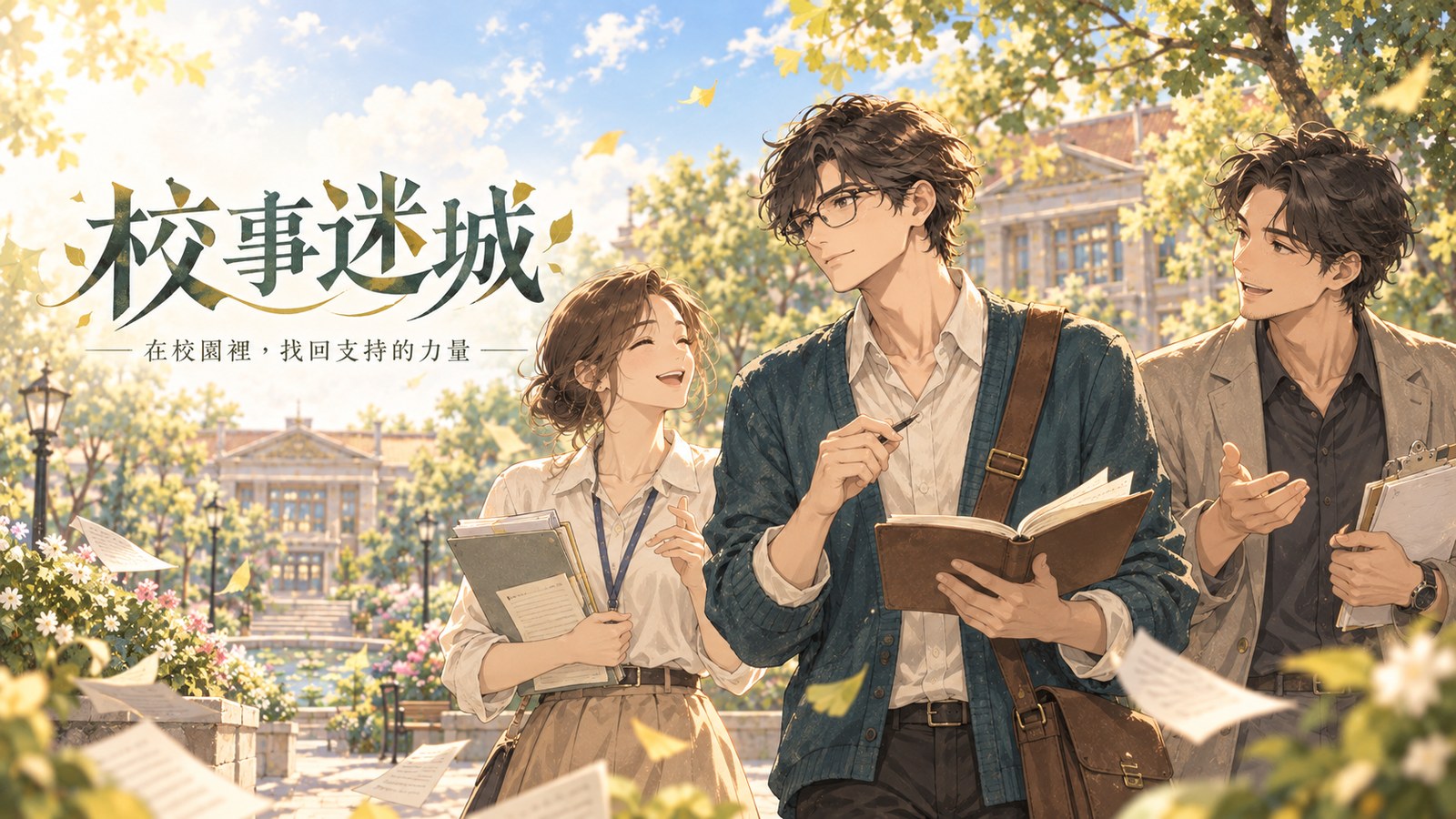 日系手繪校園主視覺:戴眼鏡的老師拿著手帳,與兩位同事走在灑滿陽光的校園步道上