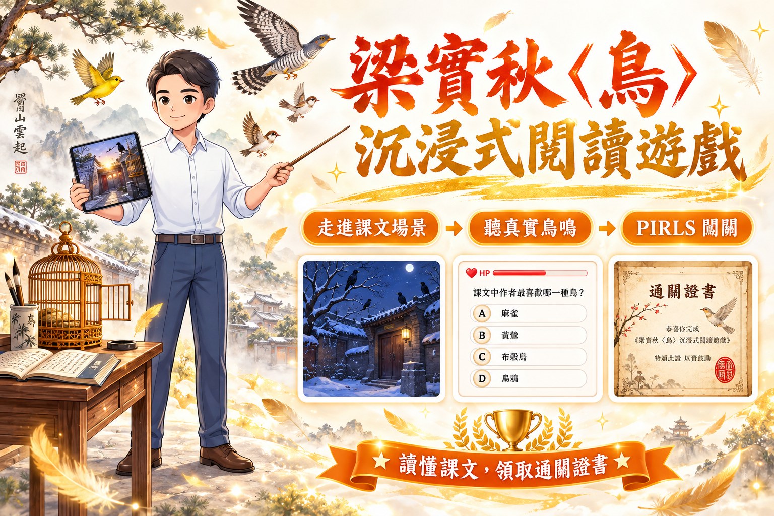 梁實秋〈鳥〉沉浸式閱讀遊戲主視覺：奕鈞老師手持平板展示 3D 胡同場景，身旁鳥籠打開、鳥兒飛出