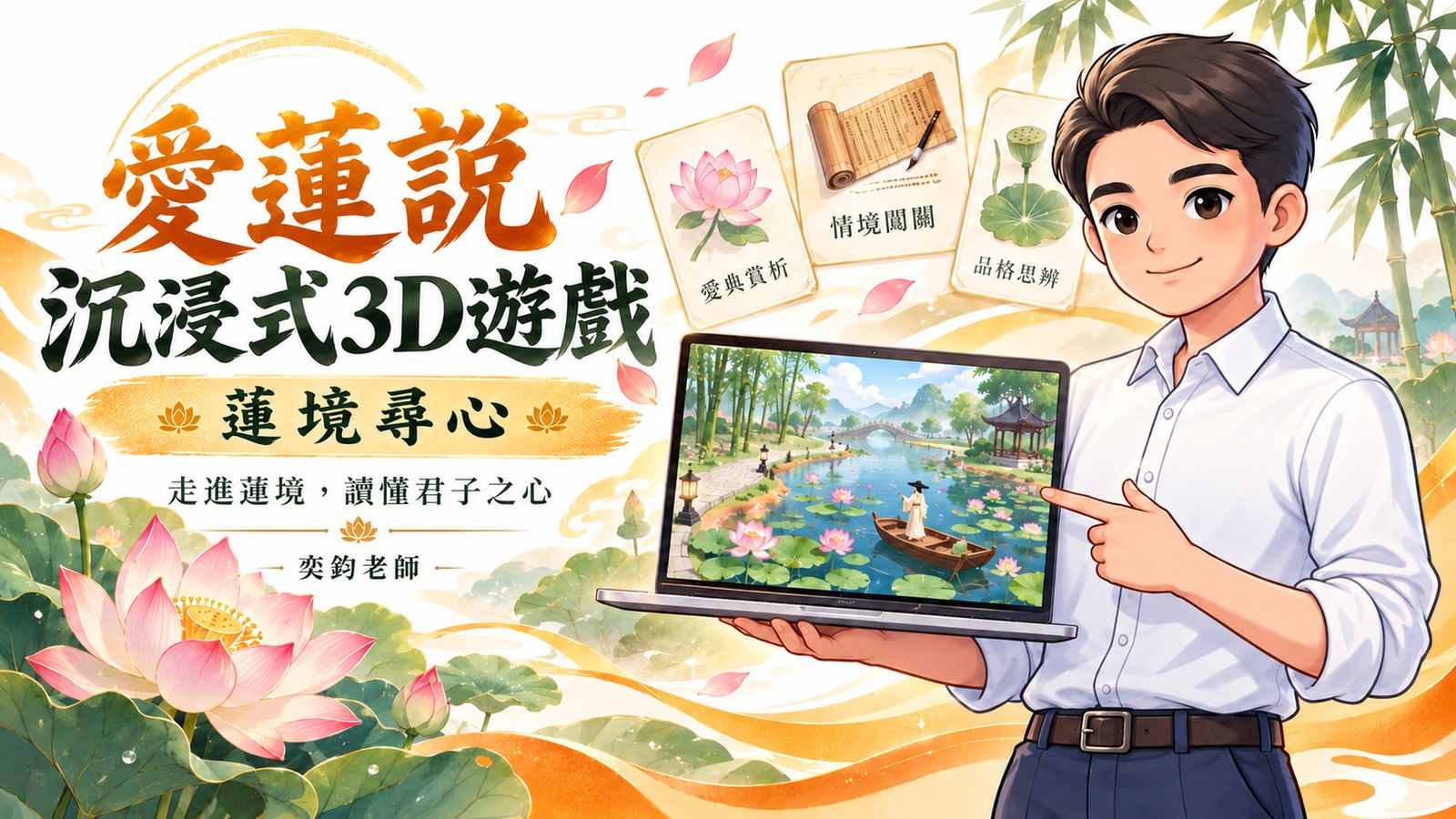 愛蓮說 沉浸式3D遊戲主視覺，副標題蓮境尋心，奕鈞老師引導蓮池探索