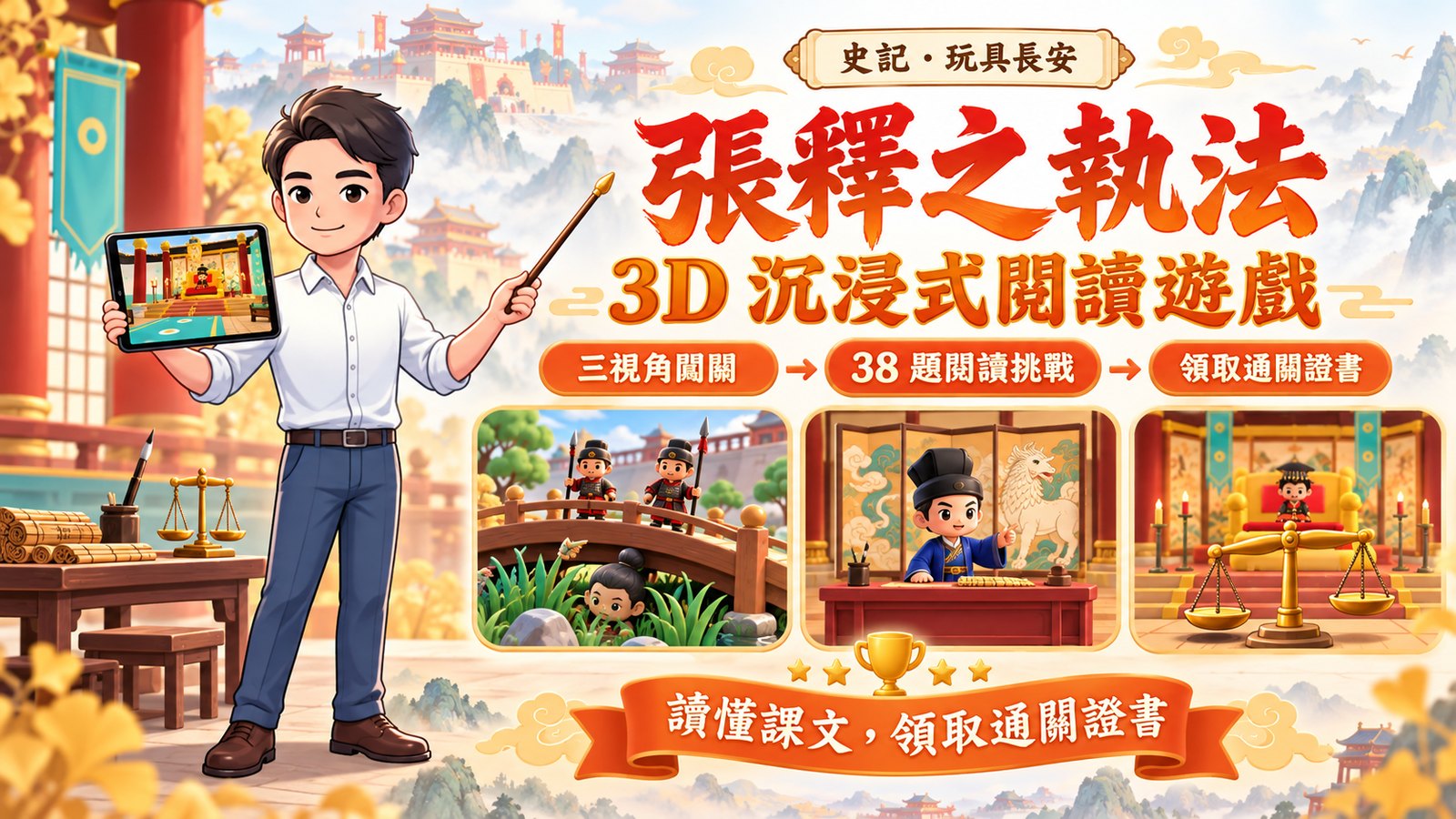 〈張釋之執法〉沉浸式閱讀遊戲主視覺：奕鈞老師手持平板展示 3D 皇宮場景，旁邊是圓木橋、廷尉府與天平的小卡片