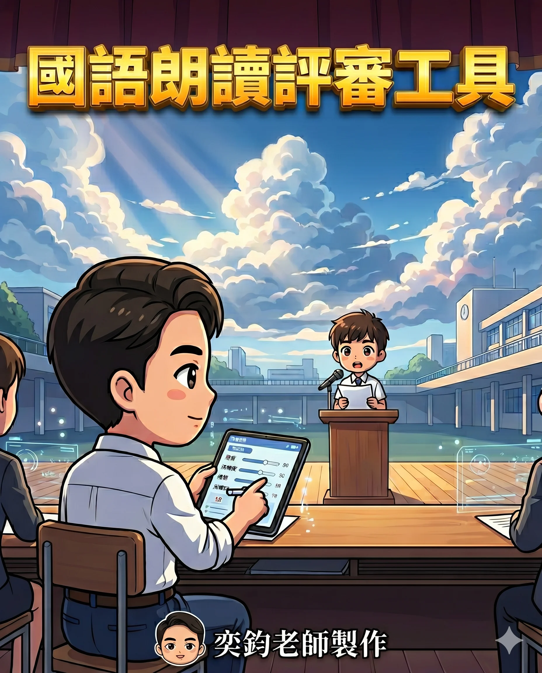 國語朗讀評審快記工具介面預覽 - 語音、聲情、臺風三大維度點選標籤