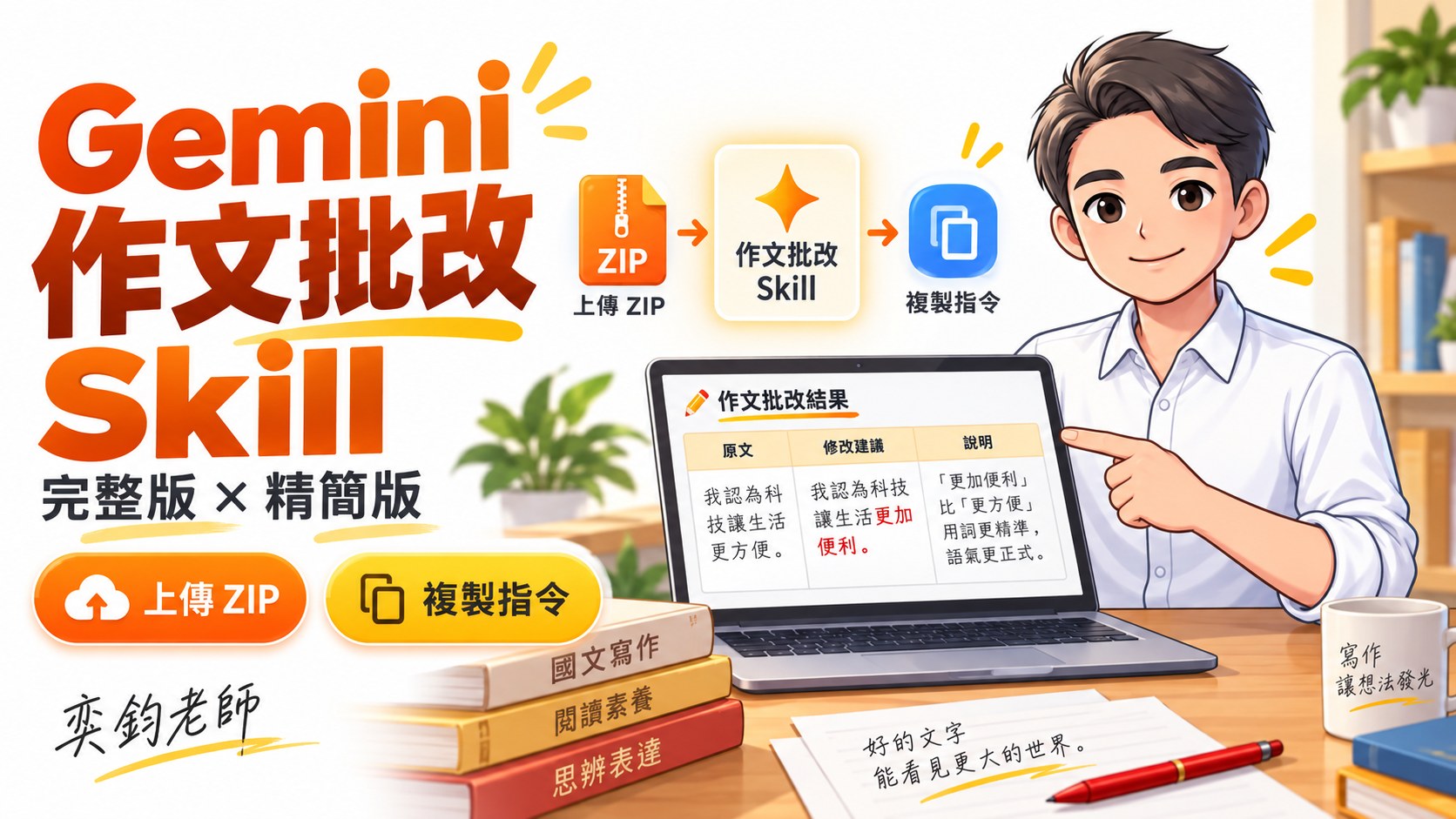 奕鈞老師示範 Gemini 作文批改 Skill，包含完整版、精簡版、上傳 ZIP 與複製指令兩種建立方式