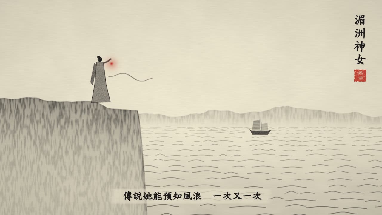 湄洲神女：林默立於崖上，手中燈火朱紅