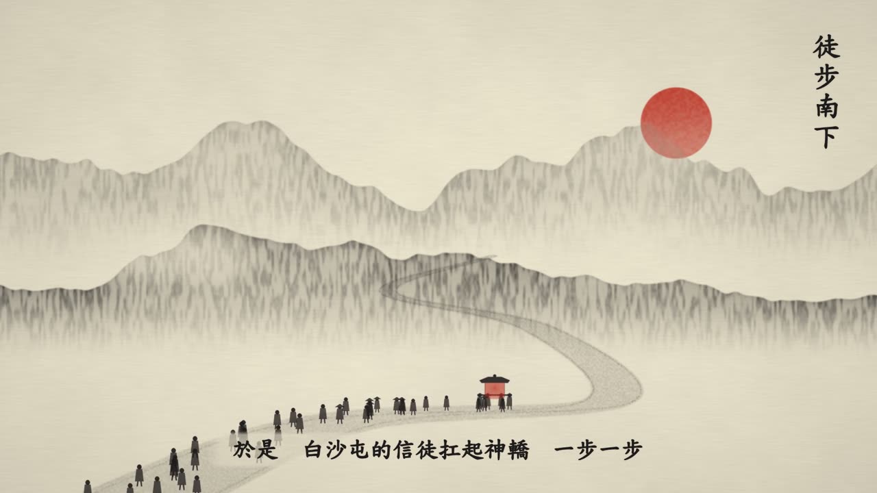 徒步南下：信徒跟隨神轎沿山路前進，遠方朱紅太陽