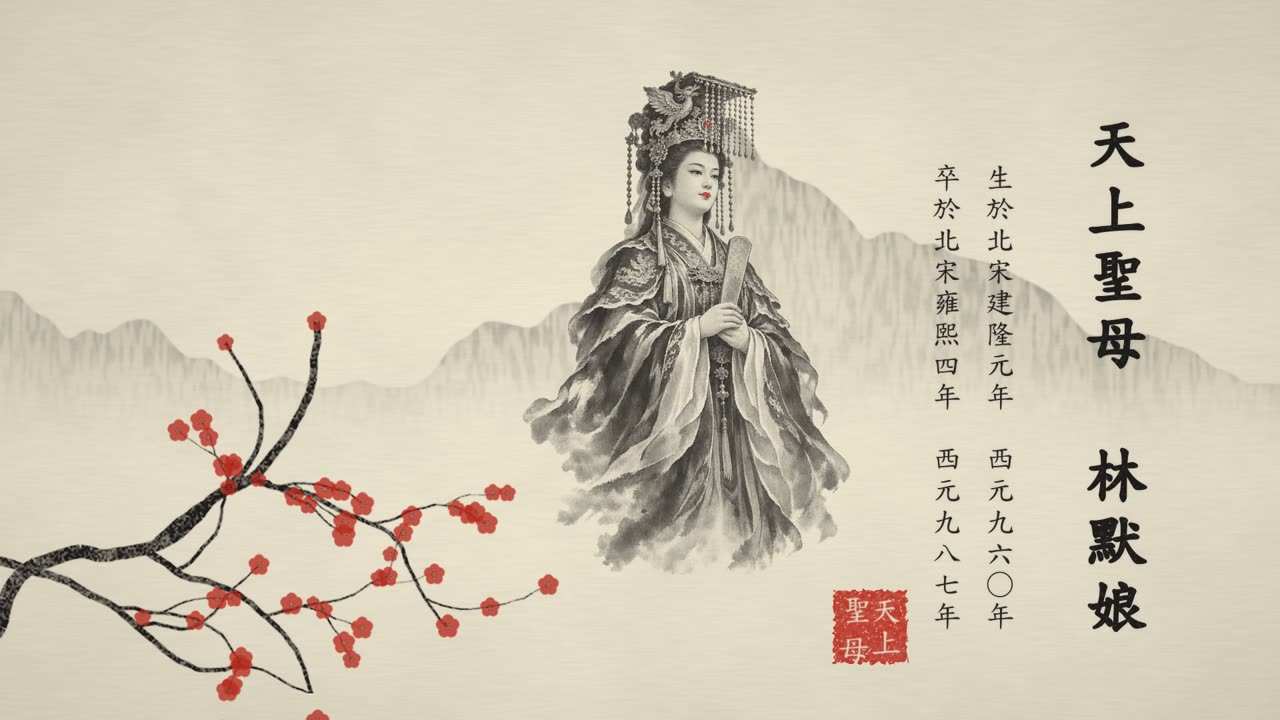片尾：朱紅梅花、媽祖立像與天上聖母林默娘題字