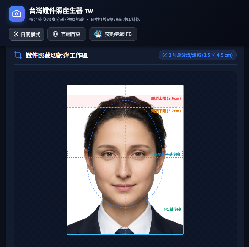 台灣證件照產生器裁切對齊工作區實機截圖