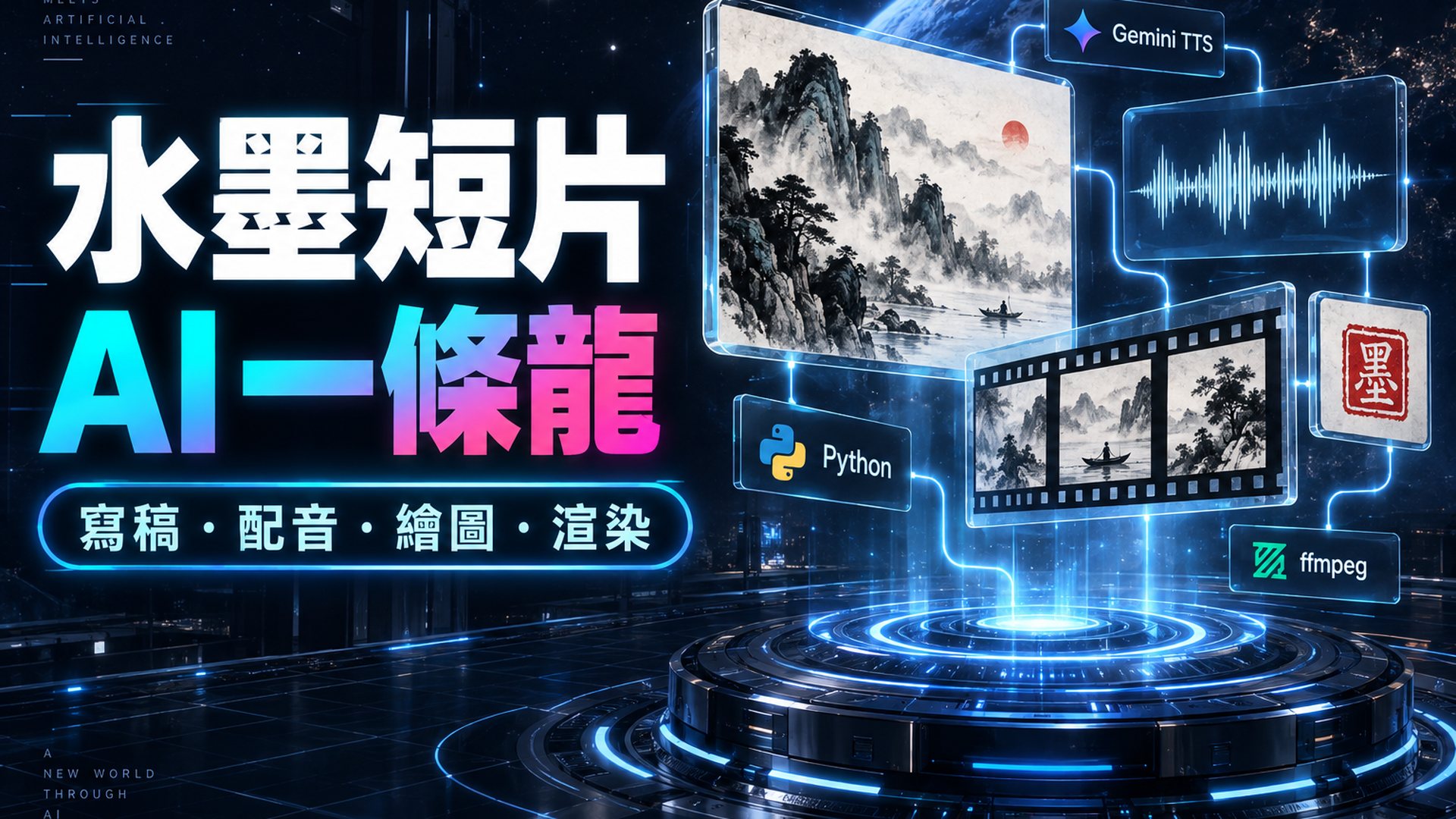 水墨短片 AI 一條龍 Skill 主視覺：寫稿、配音、繪圖、渲染，Gemini TTS、Python、ffmpeg 串成一條龍流程