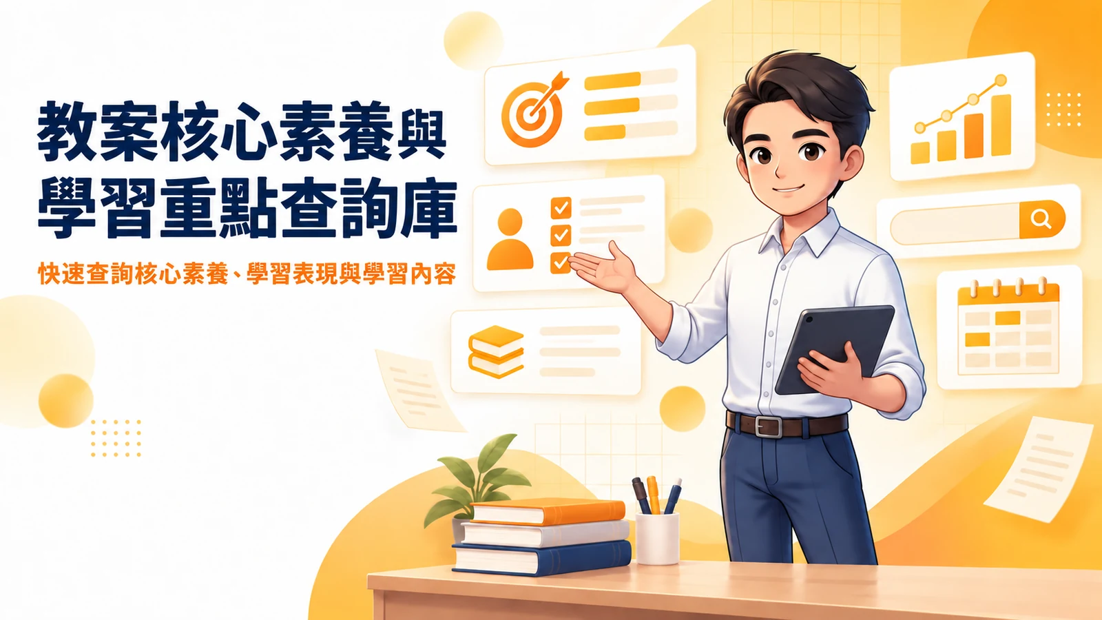 教案核心素養與學習重點查詢庫主視覺，奕鈞老師拿著平板介紹查詢工具