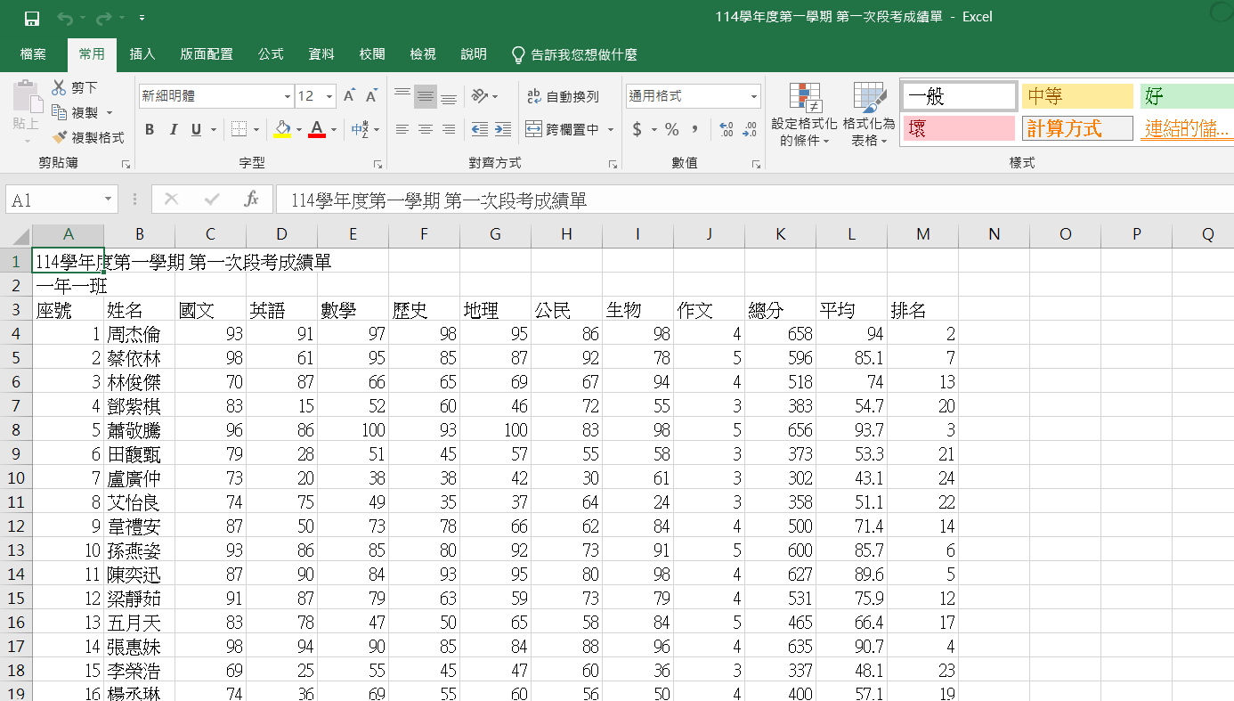 個人成績單 Word 樣例 4
